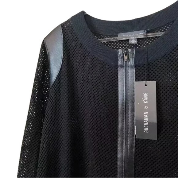 New Buchanan Kang $548 Lambskin Leather Trim Mesh Knit Cardigan Jacket Black XL - Picture 3 of 7